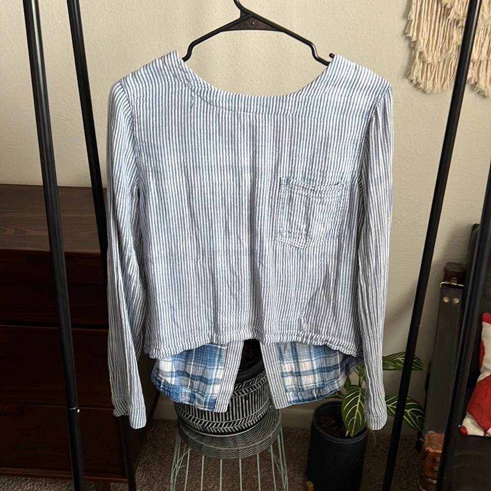 Cloth & Stone Striped Long Sleeve Cotton Open-Back Shirt S